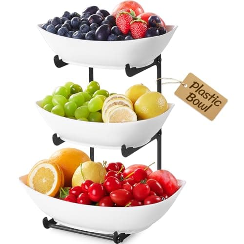 Image of Lifewit Fruit Bowl, 3 Tier Fruit Holder for Kitchen Countertop, Plastic Food Basket with Metal Stand, Serving Tray for Food, Medium Capacity Snack Cake Berry Storage Rack in Party, White and Black