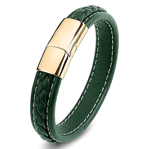 Image of Dsnyu Leather Bracelets Man, Gold Green Punk Jewelry Bracelet with Stainless Steel Magnetic Clasp, Simple Vintage Bracelet for Valentine Day
