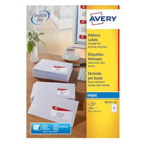 Image of Avery Printable, Customisable Address Mailing Labels, Inkjet Printers, 18 Labels per A4 Sheet, 1800 Labels, Quickdry (J8161), White, 100 Sheets