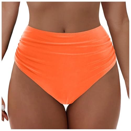 Image of Women's Bikini Bottoms High Waisted Solid Ruched TummyControl Swim Briefs Bottom Swimming Briefs Bathing Suit Shorts Quick Drying Swimwear Swimsuit Beach Swim Trunks Underwear for Women UK (Orange, L)