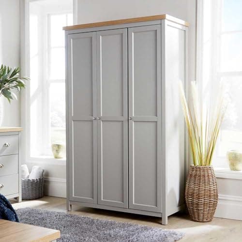 Image of Home Source 3 Door Wardrobe, Wooden Hanging Rail Storage Shelves, Oak Effect, Grey