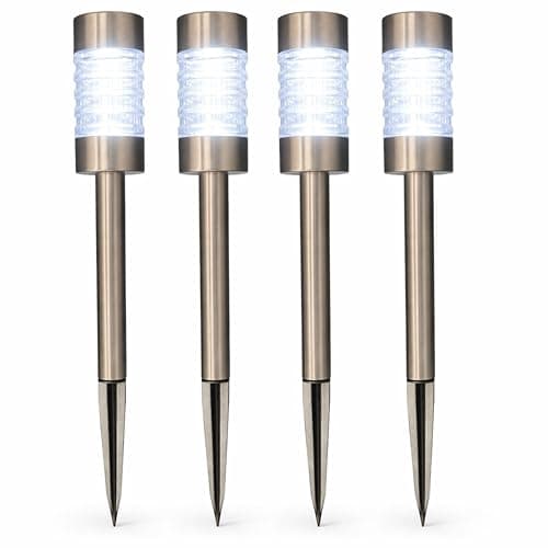 Image of ADEPTNA 4 Pack Solar Garden Stake Lights Stainless Steel Outdoor Path Lights Waterproof LED Solar Powered Pathway Lights Bright White Light for Driveway Lawn Patio Walkway Garden Lighting