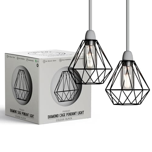 Image of LEDSONE 2-Pack Modern Geometric Diamond Pendant Lampshades - Metal Wire Cage, Black, 13x20cm, Ideal for Living Room, Kitchen, Restaurant, Office