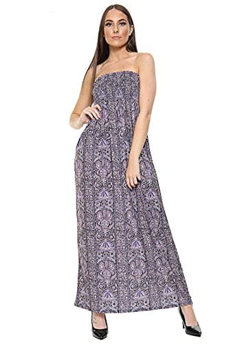 Image of Purple Hanger New Womens Plain Long Strapless Elasticated Shearing Ladies Bandeau Shirred Boob Tube Summer Maxi Dress (20-22, Lilac Paisley)