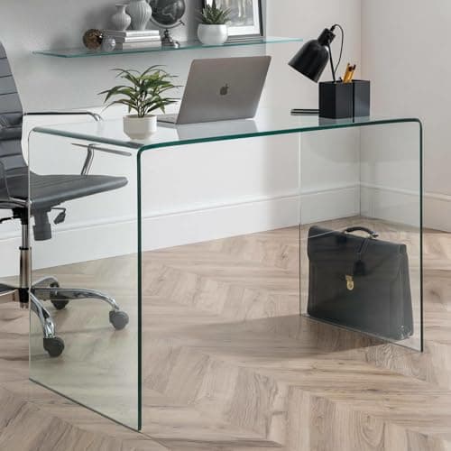Image of Julian Bowen Amalfi Glass Desk - 110 x 55cm Tempered Glass Clear Computer Desk, Modern Study Table for Home Office, Study and Living Room - Prebuilt