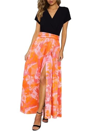 Image of Newshows Womens Summer Dress Casual Vacation Short Sleeve V Neck Boho Beach Long Maxi Dresses Orange Abstract Flowers,L