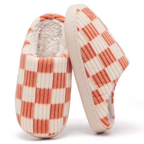 Image of Guyarns Kids Slippers for Boys Girls Plush Lined Memory Foam Checkered Slippers Non-Slip Sole Winter Warm Bedroom Cloud House Shoes Indoor Outdoor(Orange,2.5/3.5 UK)