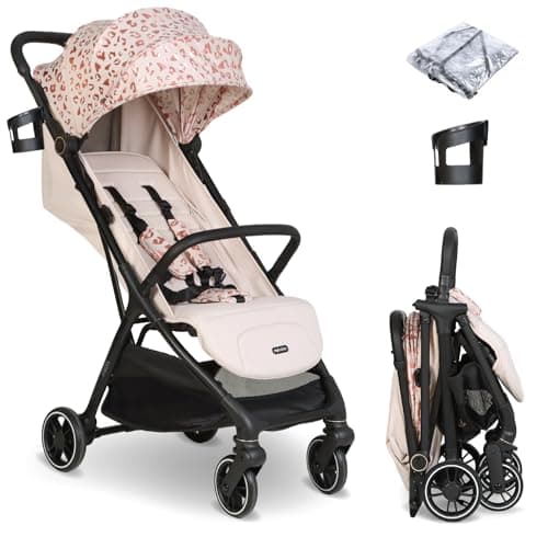 Image of My Babiie MBX6 Autofold Stroller – from Birth to 4 Years (22kg), Foldable & Compact, Lightweight, Travel Buggy for Toddlers, Pushchair Includes Rain Cover - Pink Leopard