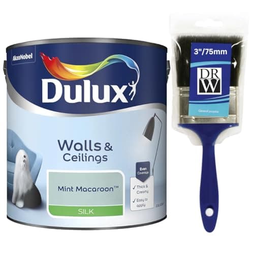 Image of Mint Macaroon Walls & Ceilings Silk Emulsion Paint 2.5L + 3" Emulsion Paint Brush – Smooth Washable Silk Finish, Quick Dry, Low-VOC, Easy Application for Interior Walls & Ceilings
