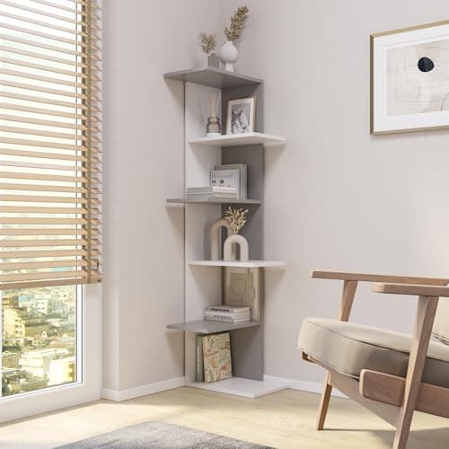 Image of URBNLIVING Wooden Modern Free Standing Display Corner Bookcase (White+Grey, 5 Tier)