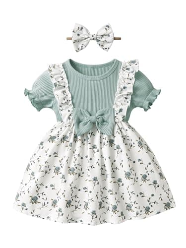 Image of Joureker Baby Girl Dress Short Sleeve Small Floral Print Design for Baby Girl Summer Set, Green, 3-6 Months