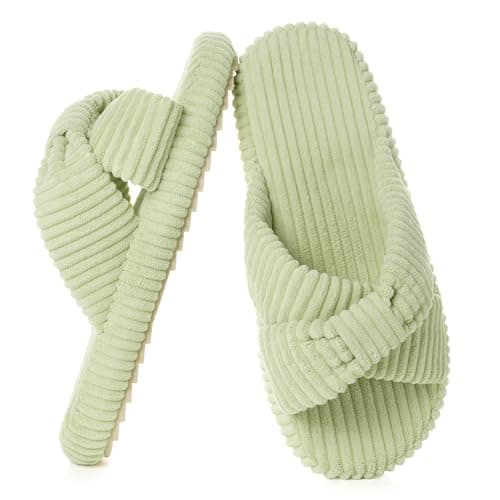 Image of Women Slippers Comfortable Wide Memory Foam Cozy Corduroy Bedroom Cross Band Ladies Slides Open Toe Slip on Home Slides Shoes,Light Green,4/5 UK
