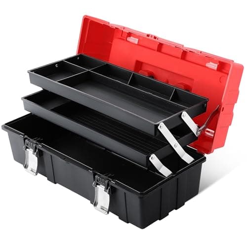 Image of Tool Box 17-Inch, MAXPOWER Lightweight Cantilever Tool Box Organiser Plastic Storage Folding Toolbox with Three-Layer Cantilever Tray and Dividers