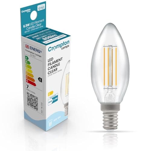 Image of Crompton Lamps Filament Candle LED Light Bulb SES-E14 | 6.5W = 60W Equivalent | Warm White 2700K | Energy Efficient | Small Screw Lightbulb | Long Life 10000-Hrs | Clear Glass