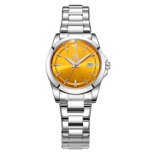 Image of SHENGKE Minimalist Quartz Watches for Women with Date Stainless Steel Bracelet and Fashionable Color Dial (Silver-Yellow)
