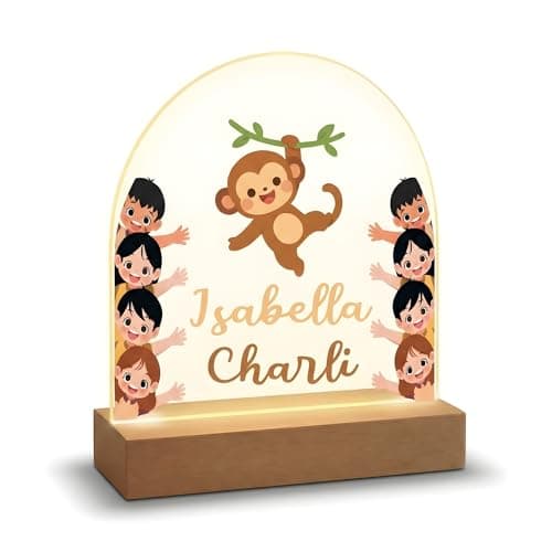 Image of MyKeepsy Personalised Night Light for Kids with Name, LED Acrylic Nursery Lamp, Custom Baby & Toddler Bedroom Gift for Kids (Monkey Friends Arch)