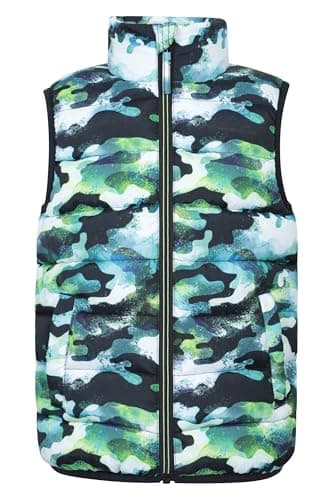 Image of Mountain Warehouse Rocko Kids Printed Padded Gilet - Water Resistant, Microfibre Childrens Jacket, Insulated Vest, Boys & Girls - For Spring Summer Bright Green (Printed) Kids Size 7-8 Years