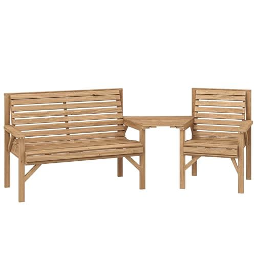 Image of Outsunny 3 Piece Wooden Garden Furniture Set with Parasol Hole, 1 Garden Chair, 1 Bench, Detachable Table, Modular Wood Outdoor Patio Furniture Conversation Set for Conservatory, Natural Wood Finish