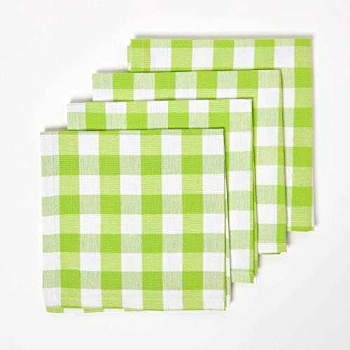 Image of HOMESCAPES Set of 4 Green Gingham Napkins Block Check Pattern 100% Cotton Napkins 45 x 45 cm (18” x 18”) with Green and White Checkered Design