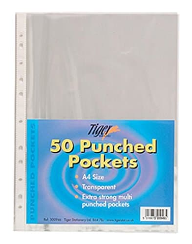 Image of Tiger A4 strong transparent poly punched pockets x 50 sleeves/wallets