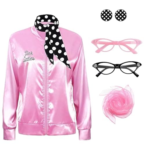 Image of GWAWG Pink Ladies Jacket Grease Fancy Dress Women,Lady Jackets Adults with 1950s Accessories,50s Ladys Pink Satin Jacket for for Women Halloween Christmas Carnival, 80s Party (Ladies, L)
