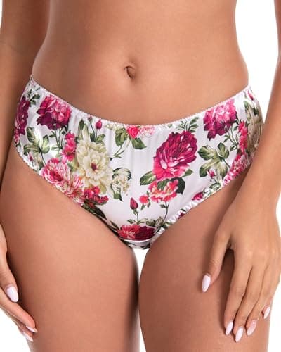 Image of Satini Silky Satin Briefs - Soft Elastic Trim, Comfortable Elegant Lingerie, Sissy Panties (Ivory - Pink Floral, L)
