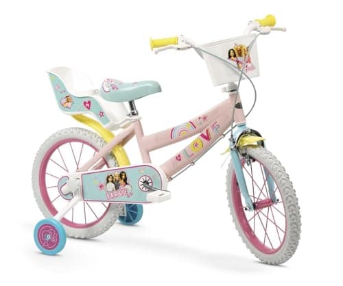 Image of Toimsa Barbie Love 16 inch Bicycle, Kids Bike learn to ride, with training wheel stabilisers and mudguard, for children/youth age 5-7 Years, Pink and Yellow