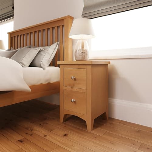 Image of Home Furniture Group Ltd Nordale Light Oak 2 Drawer Bedside Cabinet – Slim Solid Wood Nightstand with Brushed Metal Handles, Fully Assembled Bedroom Unit, 36cm Wide Compact Storage