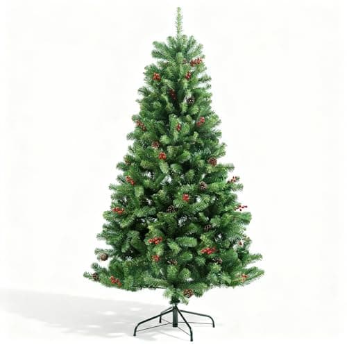 Image of 6Ft/1.8m Artificial Christmas Tree Maryland Fir Green Pine Tips Decorated with Red Berries and Pine Cones Xmas Home Decorations Metal Stand
