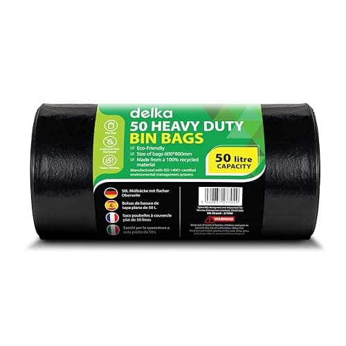 Image of Delka Heavy Duty Black Bin Bags – Extra Strong, Leak-Proof Plastic Liners – Ideal for Kitchen, Home, DIY & Garden, Household, Office & Catering – Made from 100% Recycled Material (50L, 50 Pack)
