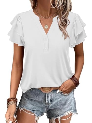 Image of Cuptacc T Shirts for Women UK Ruffle Sleeve V Neck Summer Tops Elegant Ladies Shirts Blouses for Women UK Elegant Smart White XL 20-22