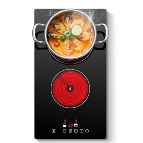 Image of SNDOAS 30cm Ceramic Hob 2 Zones, 3000W Electric Hob Built-in/Countertop, Pause Function & 1-99 Min Timer, 9 Power Levels Touch Control, Child Lock, All Pots Compatible, Plug in Hob with UK standard