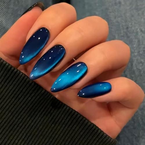 Image of Nymora Cat Eye Press on Nails, 24-piece pack, blue glitter false nails, almond-shaped, medium length, glossy finish, suitable for women and girls.
