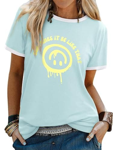 Image of WIEIYM T Shirt Women Crew Neck T-Shirts Summer Tee Smile Graphic Slogan Tshirt Something It Be Like that Unisex Basic Tops
