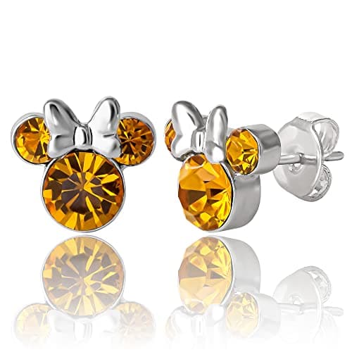 Image of Disney Minnie Mouse Birthstone Jewelry, Silver Plated Crystal Stud Earrings for Women and Girls Mickey's 90th Birthday Anniversary
