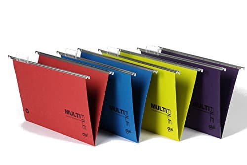 Image of Rexel Foolscap Suspension Files with Tabs and Inserts for Filing Cabinets, 15 mm V-base, 100 Percent Recycled Manilla, Assorted Colours, Multifile Plus, Pack of 10, 92807