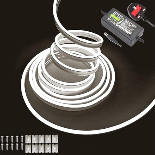 Image of balabaxer White neon LED strip lights – 16.4ft/5m 12V DC flexible rope light with 600 high-density SMD2835 LEDs, featuring IP65 waterproof rating for indoor and outdoor decor (includes power adapter).