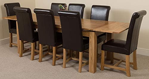 Image of OakFurnitureKing Solid Oak Extending Dining Table & Chairs Set 8 Seater Kitchen Dining Set – Richmond 200-280 cm Extendable Table & Washington Upholstered Brown Leather Chairs, Wooden Furniture