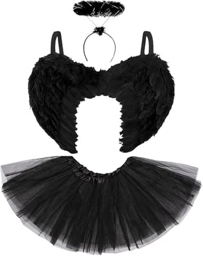Image of Dark Angel Costume Womens Halloween Outfit - Fallen Black Angel Wings and Halo with Tutu Halloween Costumes for Women - Dark Fairy Black Wings and Halo Adult Fancy Dress Accessories