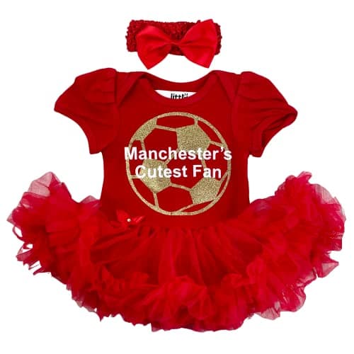 Image of Baby Girl's Manchester's Cutest Fan Football Red Tutu Romper with Headband, Newborn Baby Football Kit (12-18 Months)