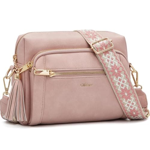 Image of HILAEX Women's Cross Body Bags, Crossbody Bags for Women with Anti-Theft Function 4 Zip Compartments Women Shoulder Handbags with Adjustable Wide Strap Pink