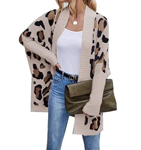 Image of WANLAI Womens Knitted Long Cardigans Leopard Print Cardigan Lightweight Open Front Oversize Outwear Coat Khaki
