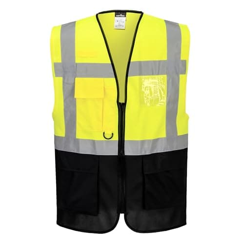 Image of Portwest C476 Warsaw Executive Hi Vis Vest with Pockets and Zip Mens Reflective Safety Gilet Hivisible Workwear Polyester Construction Roadwork Warehouse Site Highways, Yellow/Navy, 5XL