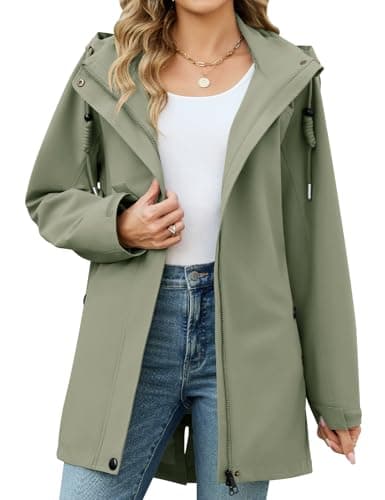 Image of CMTOP Women's Jackets Long Waterproof Jacket Windproof Parka Jacket Detachable Hood Parka Coat Lightweight Windbreaker Outdoor Coats with Pockets for Spring and Autumn(Pea Green,XL)