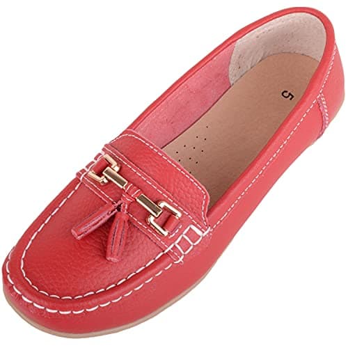 Image of ABSOLUTE FOOTWEAR Womens Slip On Casual Leather Loafer/Deck/Boat Shoes/Sandals - Dark Red - UK 6