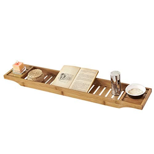 Image of SoBuy Bath Tray Shelf in Bamboo, 80cm Wooden Bathtub Caddy Rack for Large Bathtubs, Wine Glass Holder & Candle Slot, FRG212-N