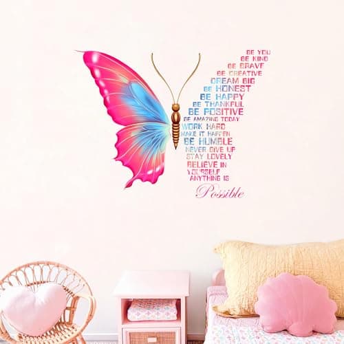 Image of Large Colorful Inspirational Wall Stickers Quotes Vinyl Butterfly Wall Art Stickers Motivational Phrase Positive Saying Wall Stickers for Kids Girls Classroom Playroom Bedroom Living Room Wall Decor