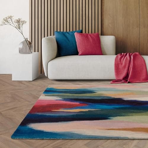 Image of Lord of Rugs Modern Wool Rug for Living Room Bedroom Printed Pictorial Ombre Effect Hand Tufted Short Pile Abstract Home Area Rug in Multi Colours Pigment X-Large 200x290 cm (6'7"x9'6")