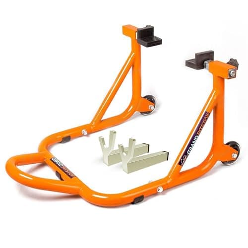 Image of GRAND PITSTOP Motorcycle Stand, Paddock Lift Stand for Rear Wheel with Fork & Swingarm Spool,Weight capacity 500 lbs/226 Kg's, Dismantable Stand, for Yamaha Honda Kawasaki Suzuki Motorcycles, Orange