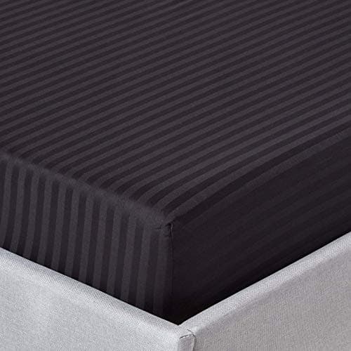 Image of HOMESCAPES Black Deep Fitted Sheet (12”) Single 330 TC 500 Thread Count Equivalent Satin Stripe Pure Egyptian Cotton Bed Sheet with Fully Elasticated Skirt